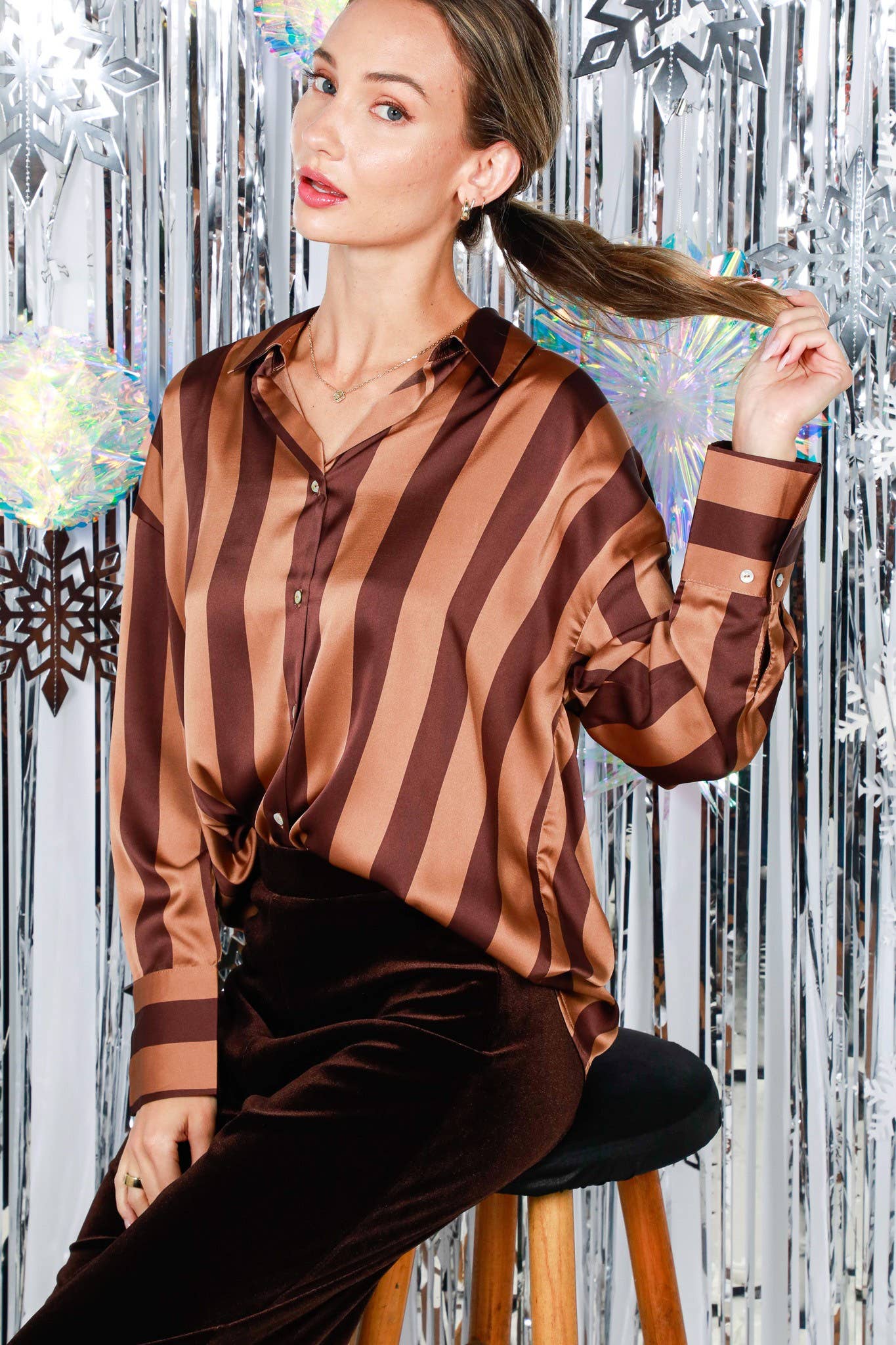 Striped Satin Top Mocha/Brown