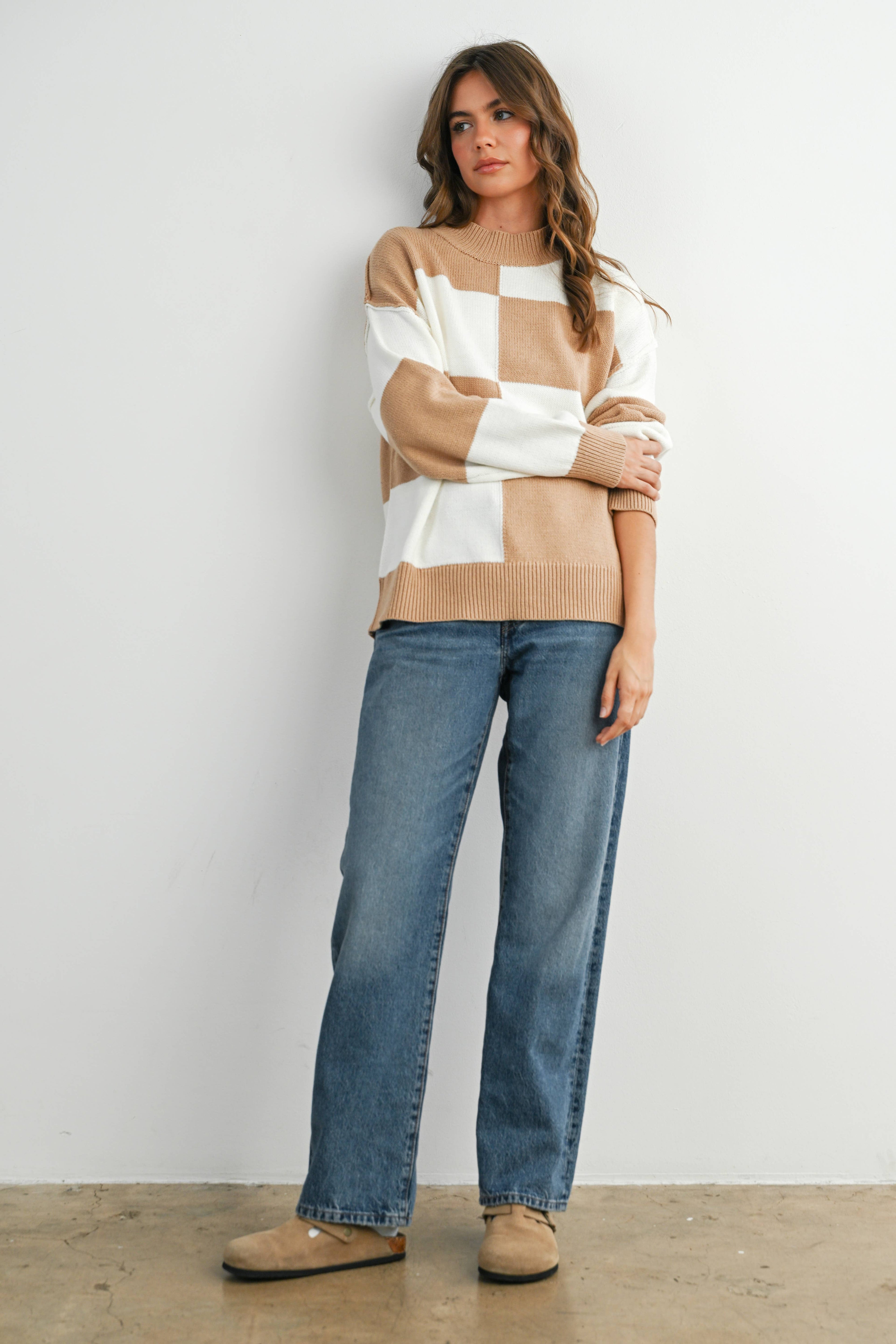 Trendy Checkered Sweater -TAUPE / IVORY