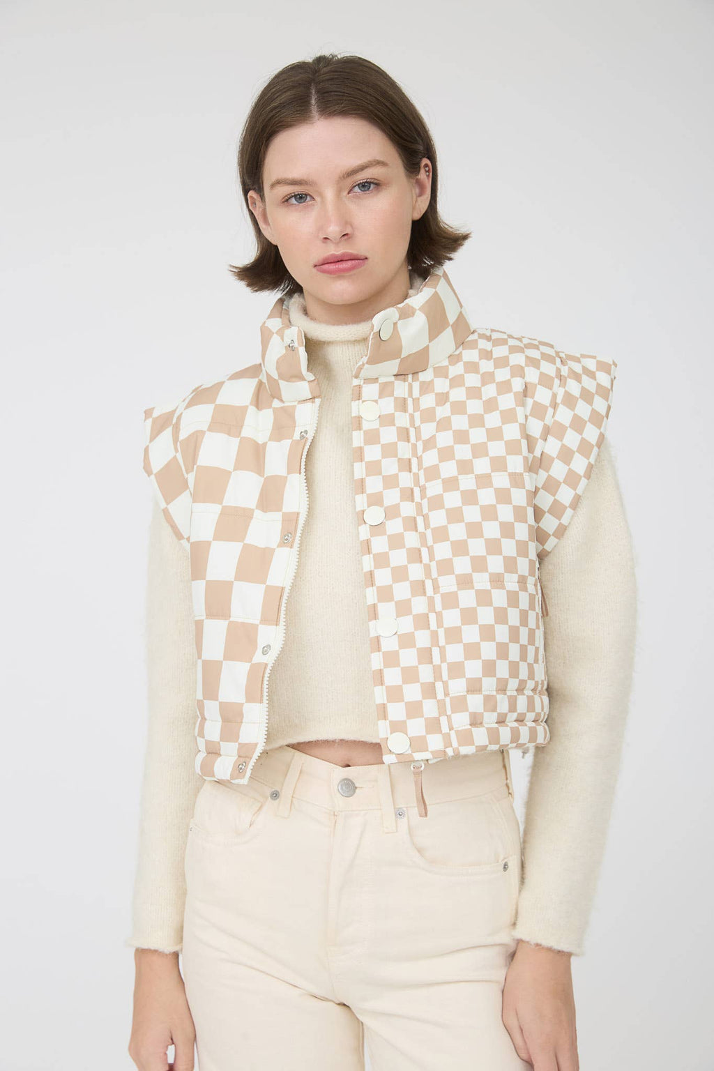 CHECKERED CROPPED PUFFER VEST: KHAKI