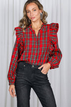 Lace Trim Ruffle Plaid Blouse