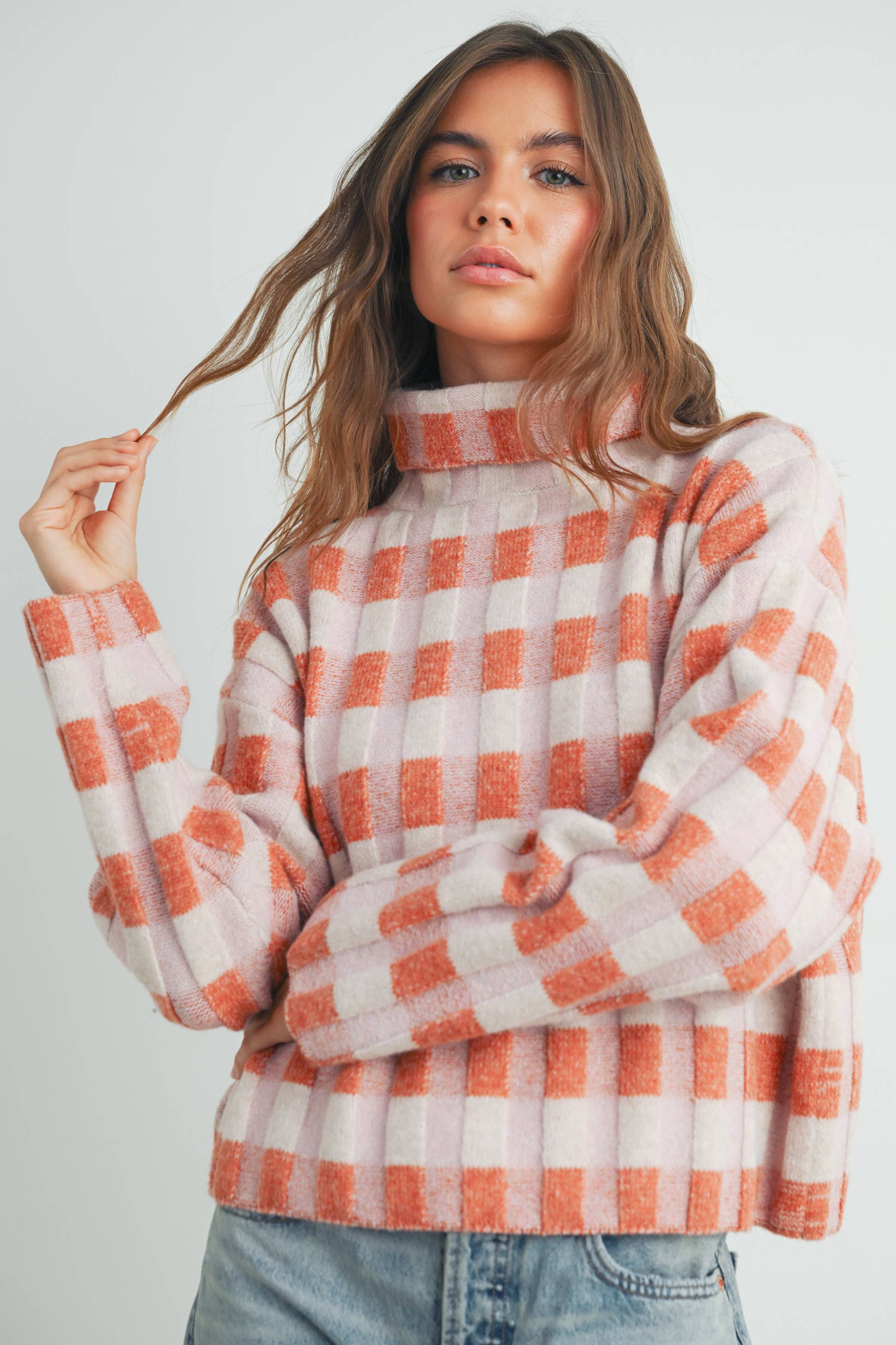 Check Turtleneck Sweater Taupe