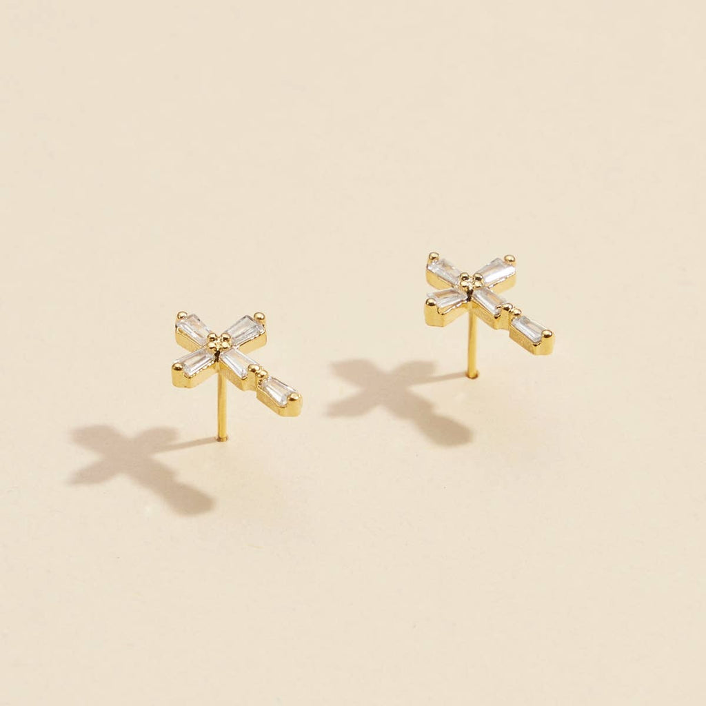 CZ Cross Gold Dip Stud Earrings: Gold, One, 4DE38057