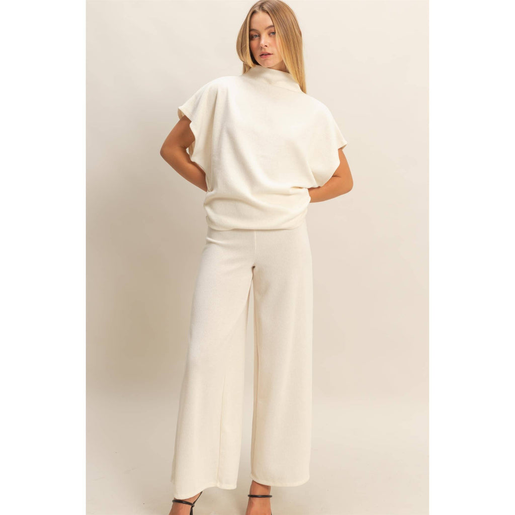 Mock Neck Top And Pants Set: Beige
