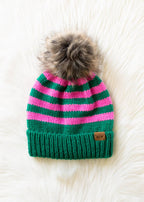 Green & Pink Striped Pom Hat