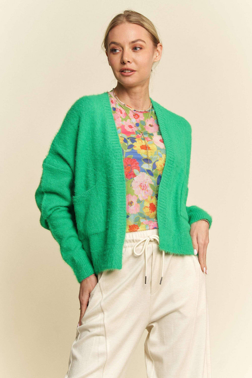 SOLID LONG SLEEVE LOOSE FIT POCKETS CARDIGAN: BUBBLE PINK, S