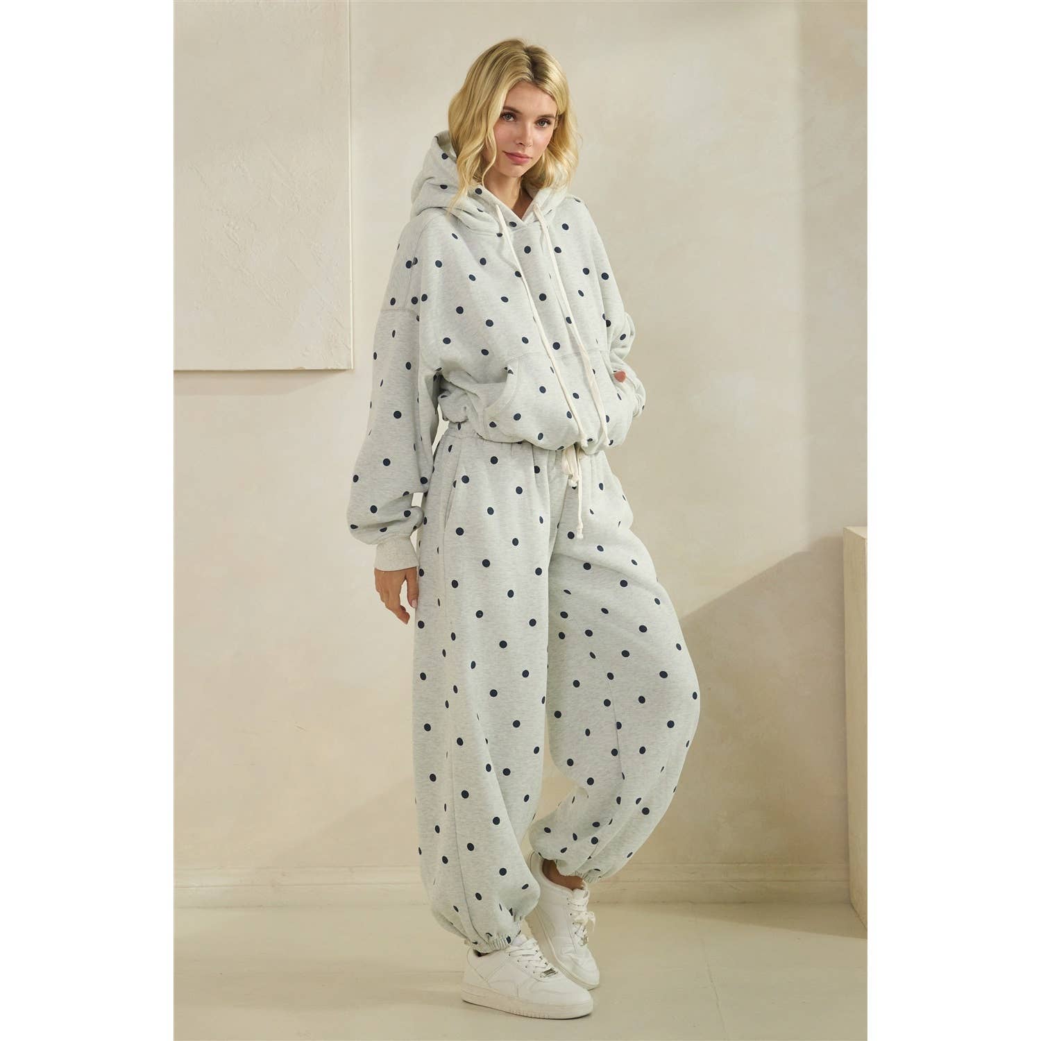 Polka Dot Bubble Hem Knit Hoodie