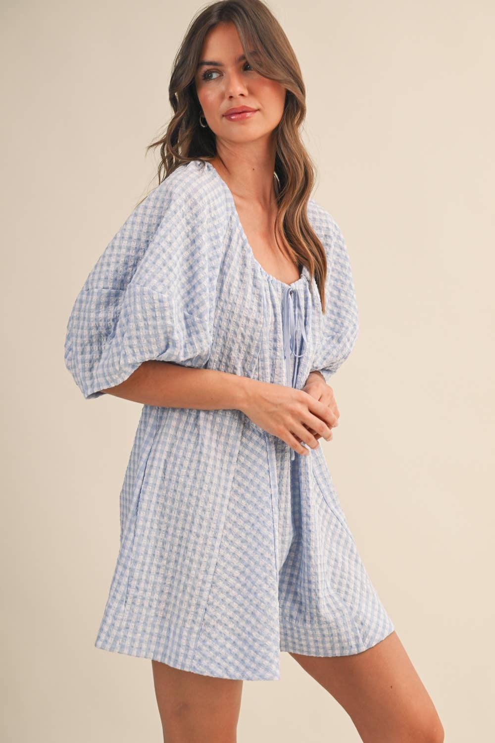 GINGHAM ROMPER: BABY BLUE