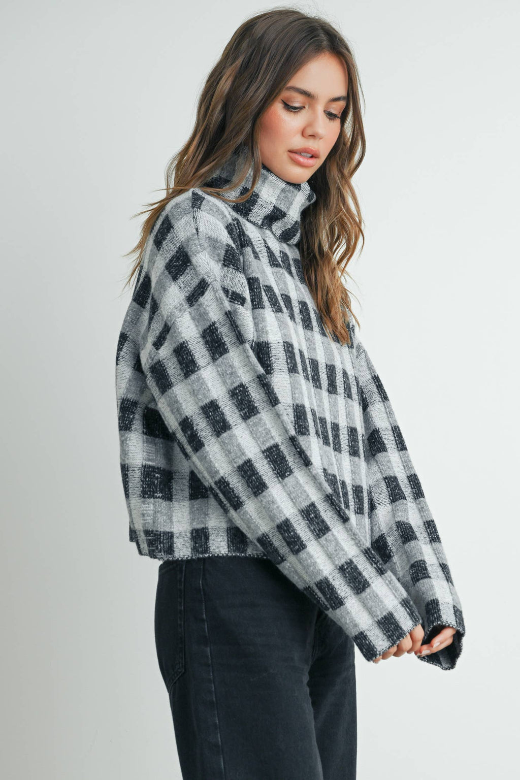 Check Turtleneck Sweater Taupe