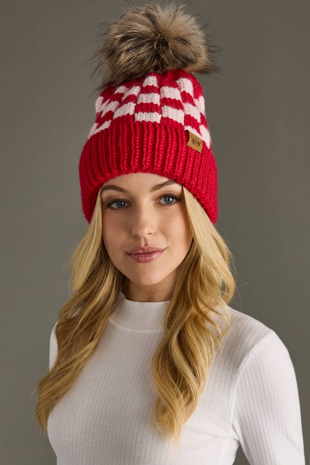 Red & Pink Checkered Pom Hat