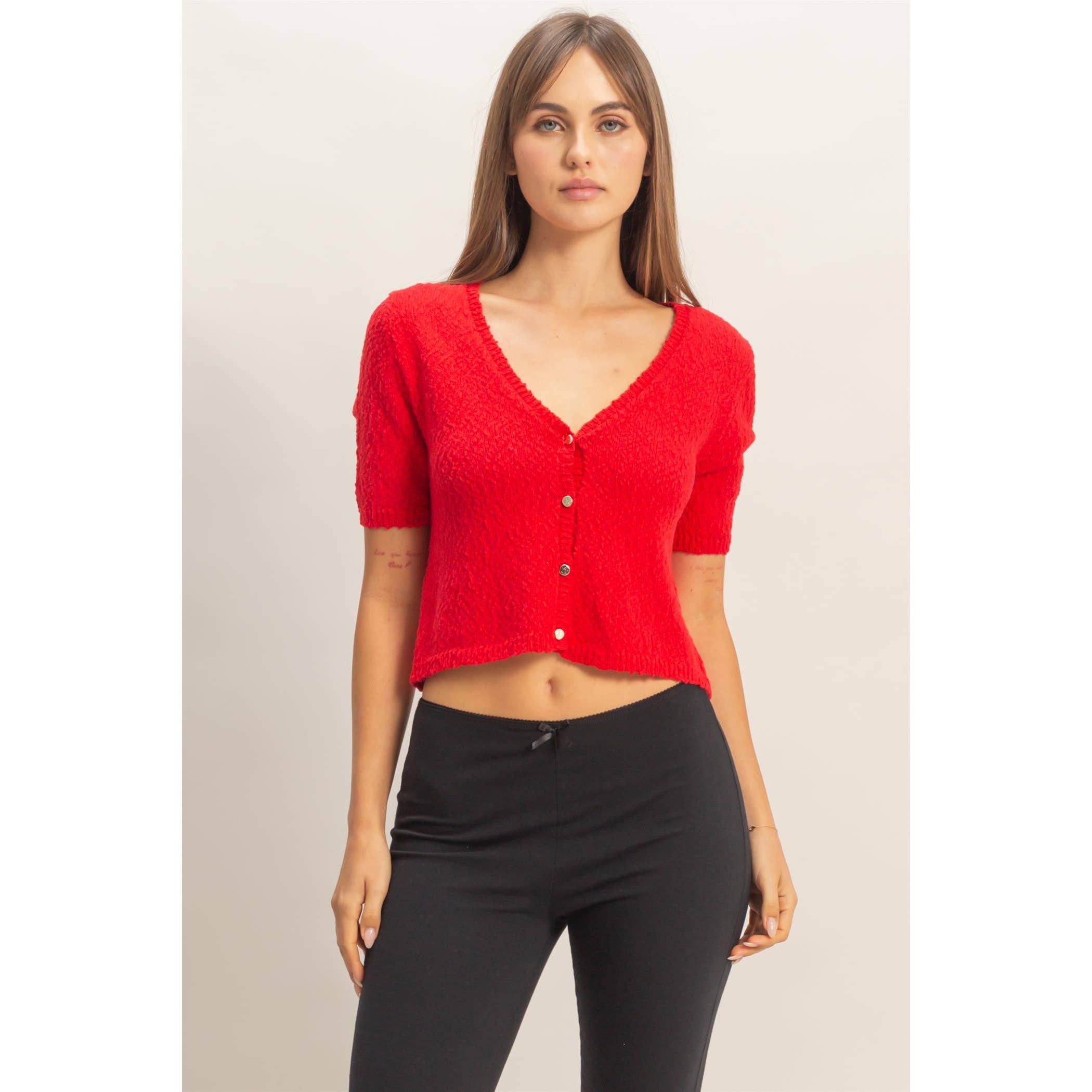 Bright Red Cropped Cardigan