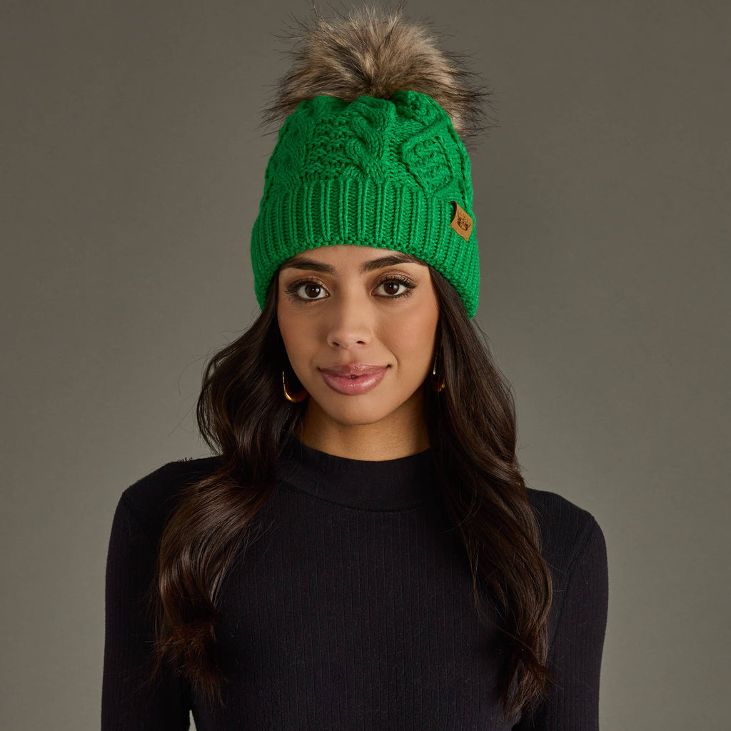 Bright Green Cable Knit Pom Hat