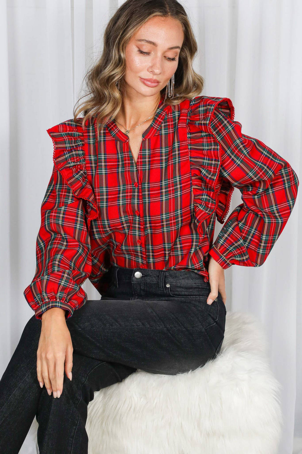 Lace Trim Ruffle Plaid Blouse