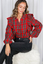 Lace Trim Ruffle Plaid Blouse