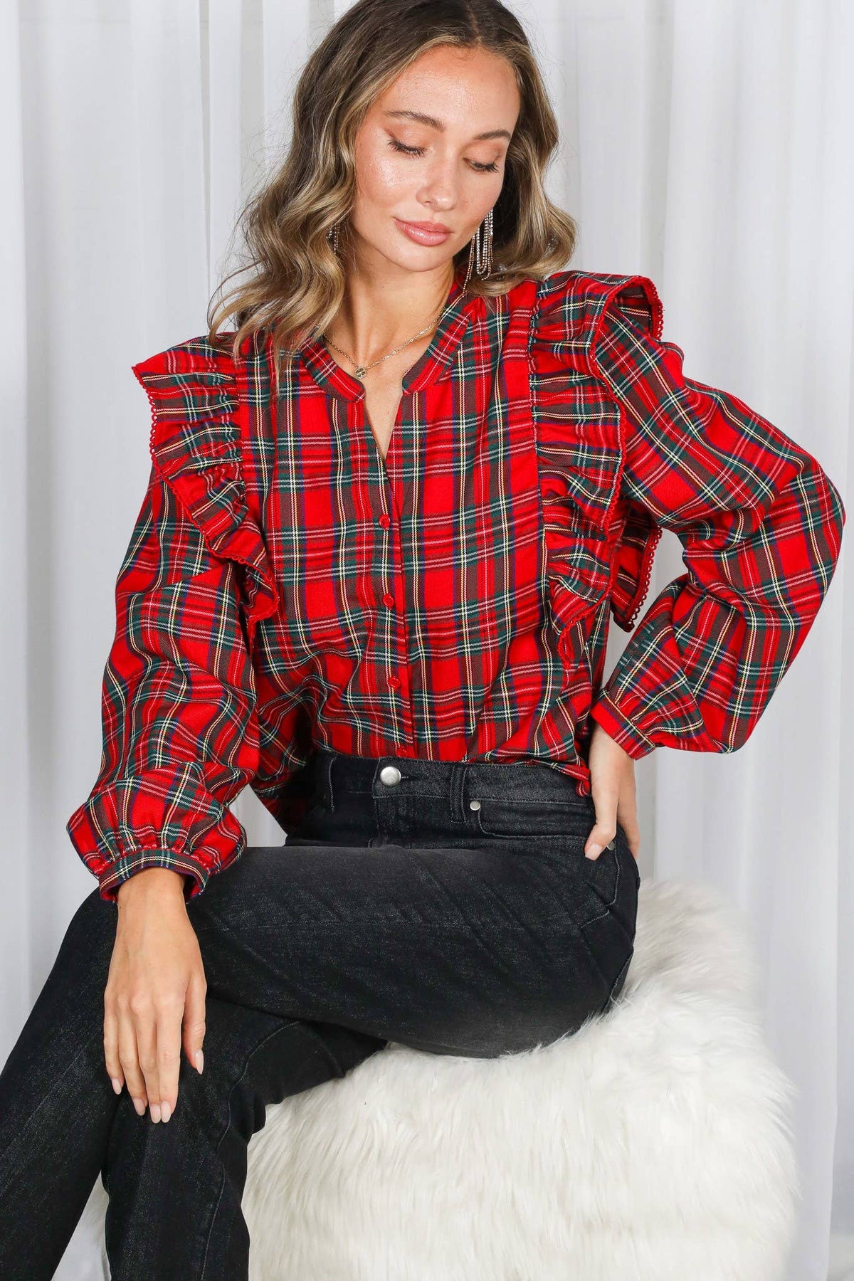 Lace Trim Ruffle Plaid Blouse