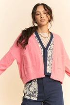 SOLID LONG SLEEVE LOOSE FIT POCKETS CARDIGAN: BUBBLE PINK, M