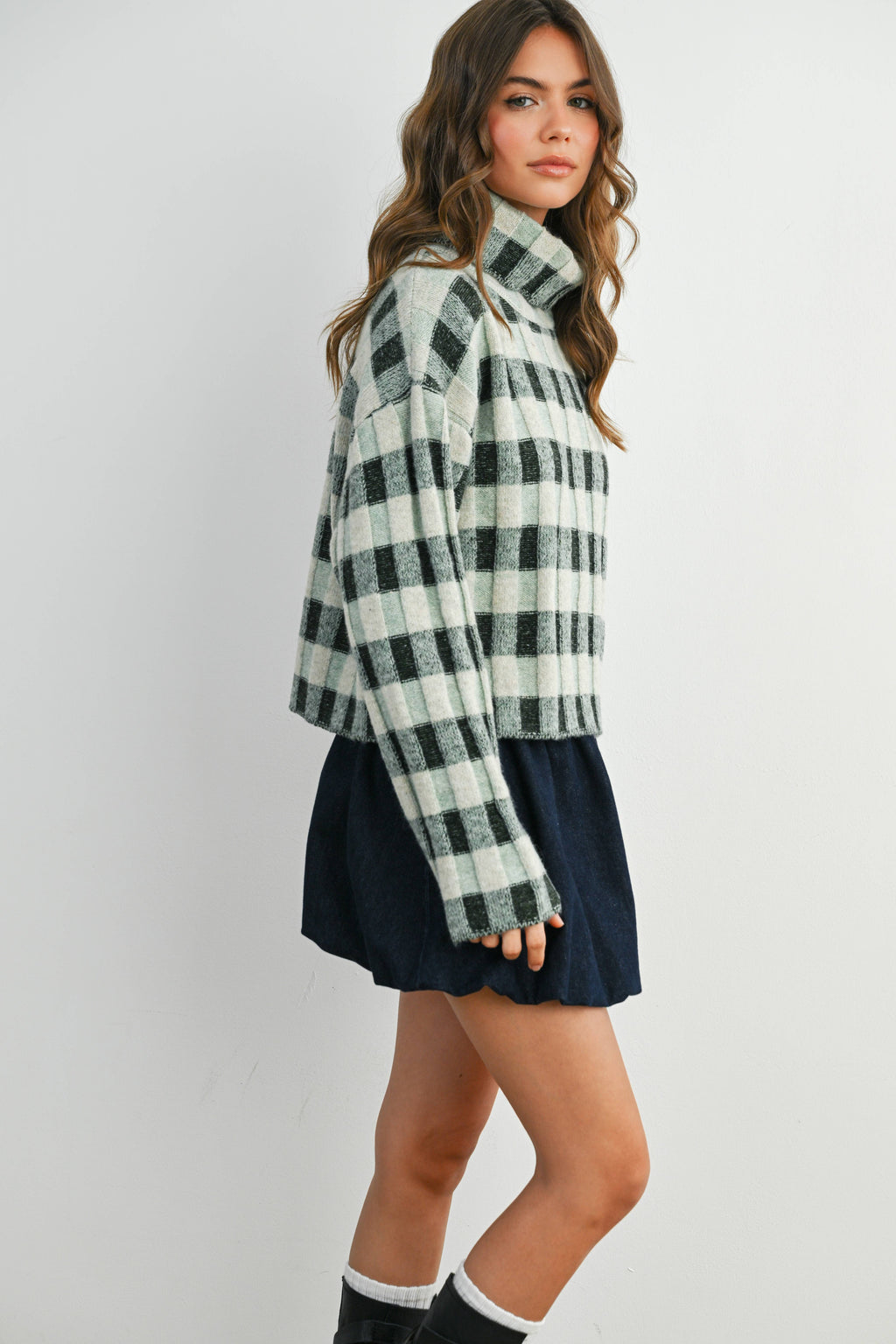 Check Turtleneck Sweater Taupe