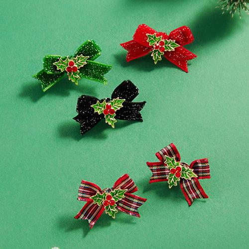 Christmas Holly Enamel w Velvet Bow Post Earrings: Red, ONE SIZE