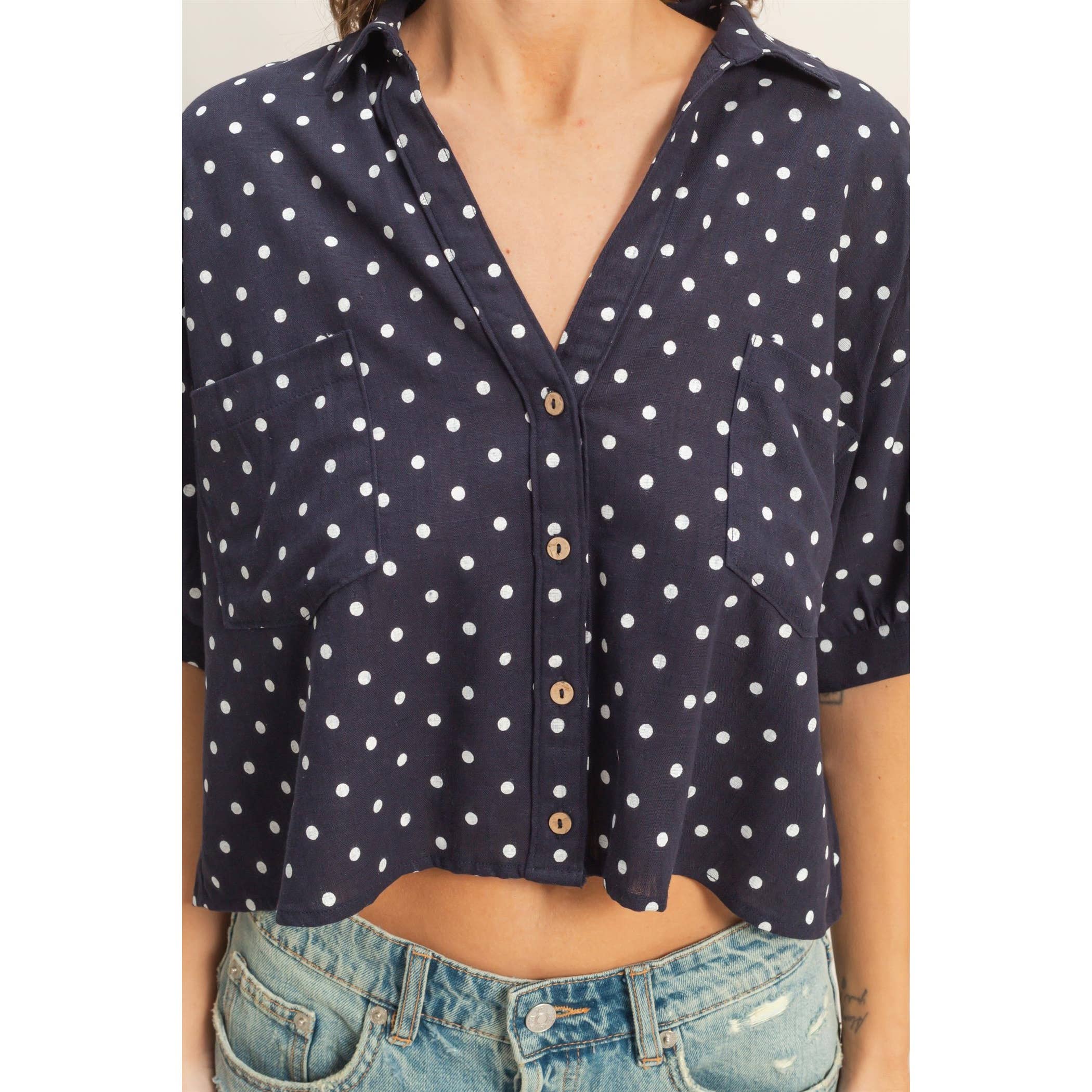 Polka Dot Button-Up Shirt: NAVY,