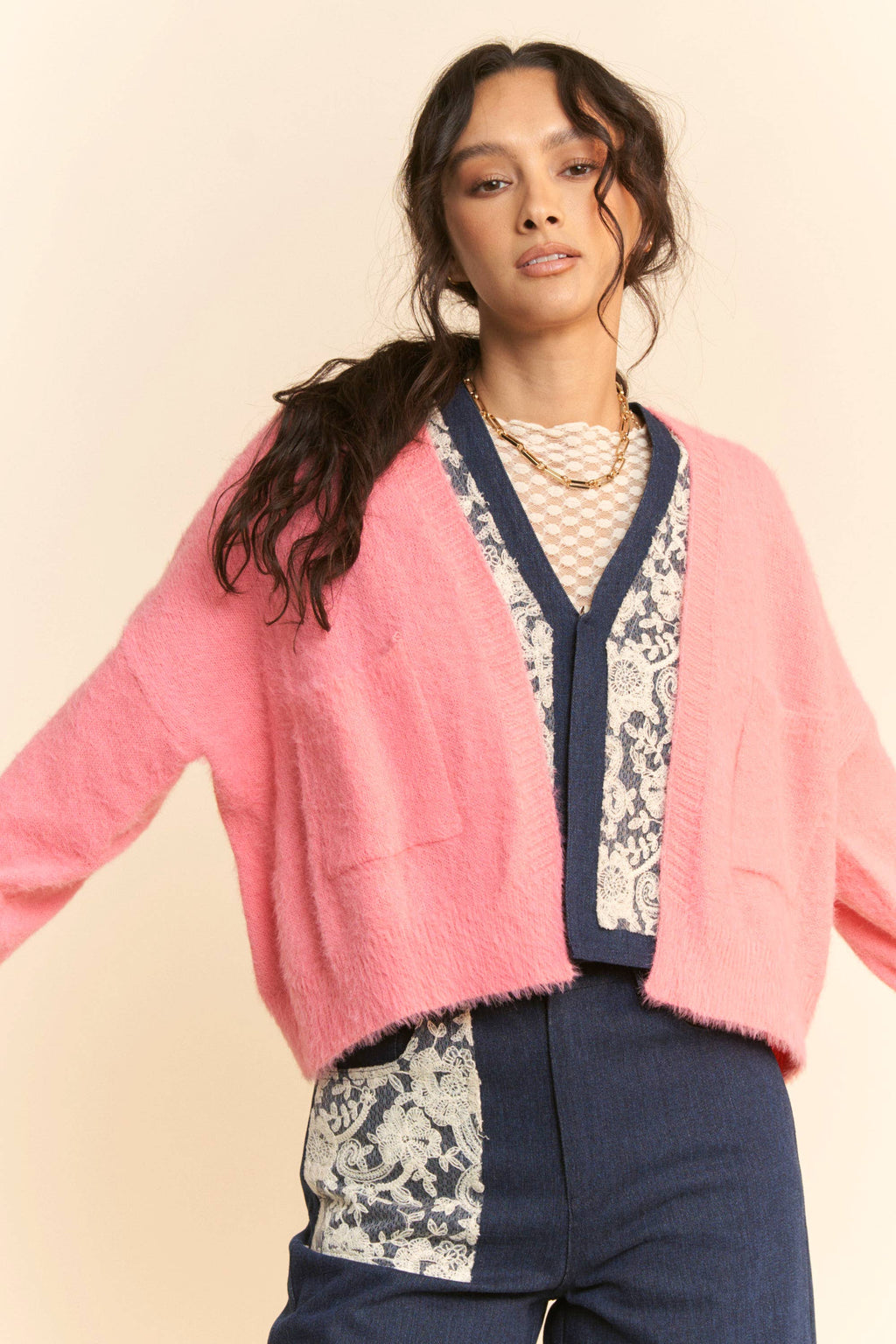 SOLID LONG SLEEVE LOOSE FIT POCKETS CARDIGAN: BUBBLE PINK, S
