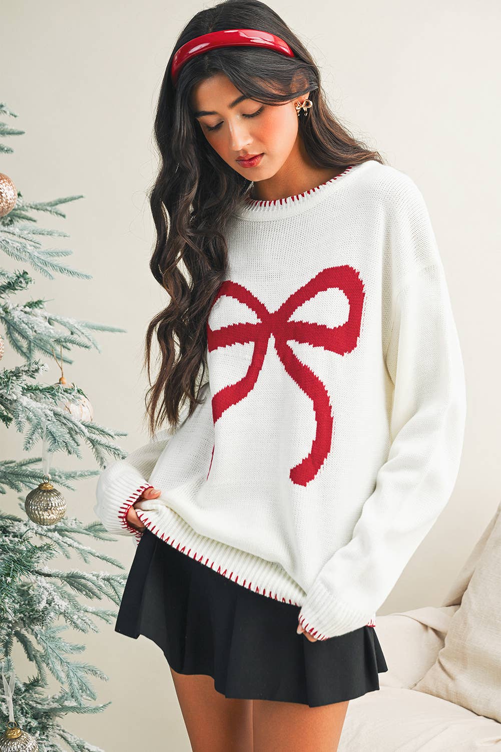 White Bow Long Sleeve Sweater