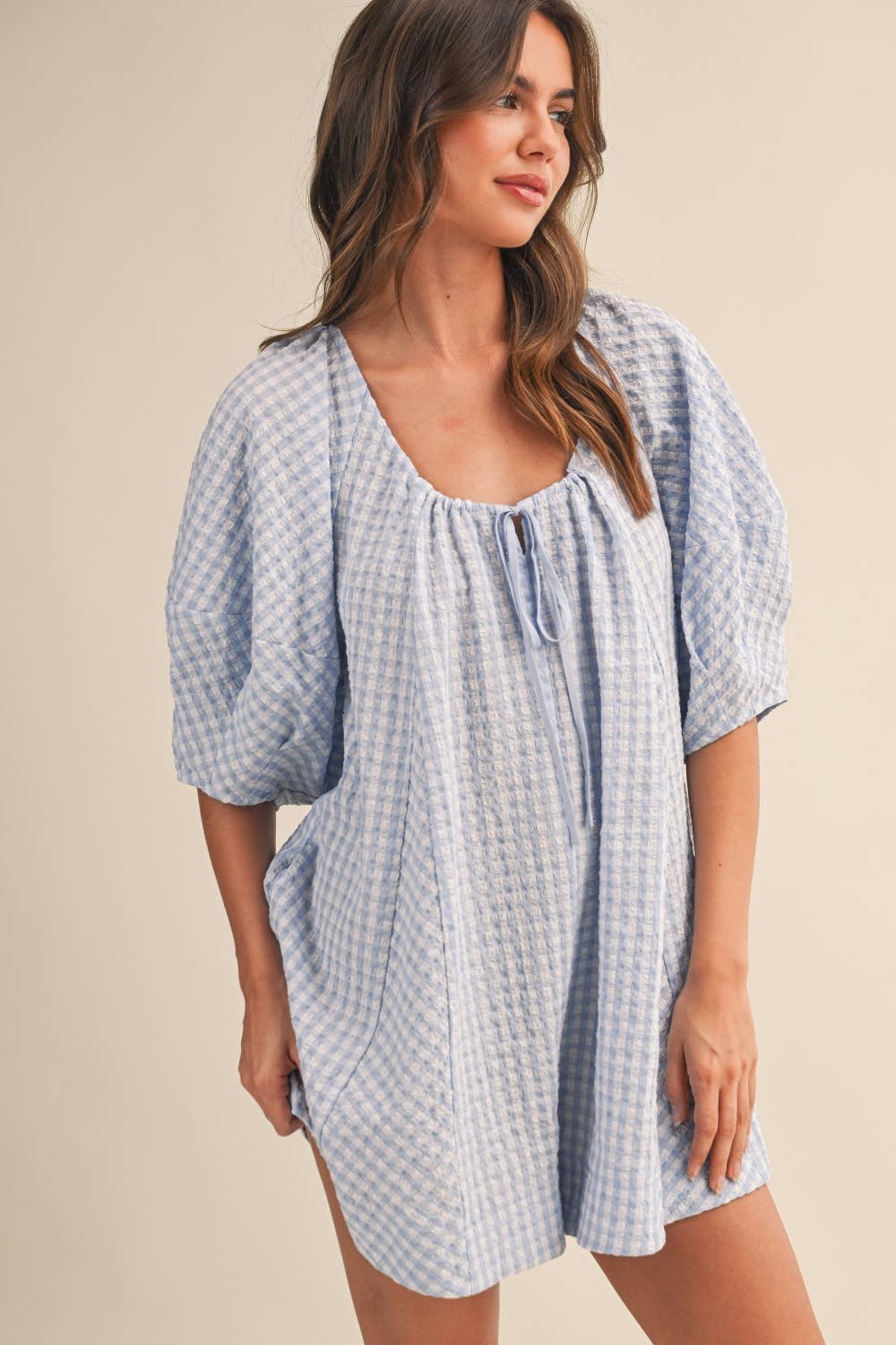 GINGHAM ROMPER: BABY BLUE