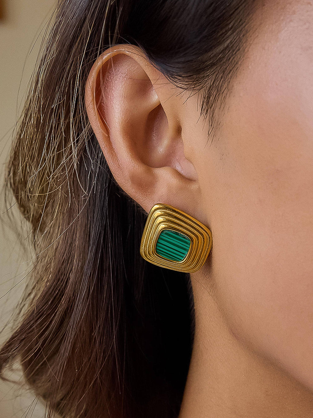 Solenne Non-Tarnish Square Earrings:Green