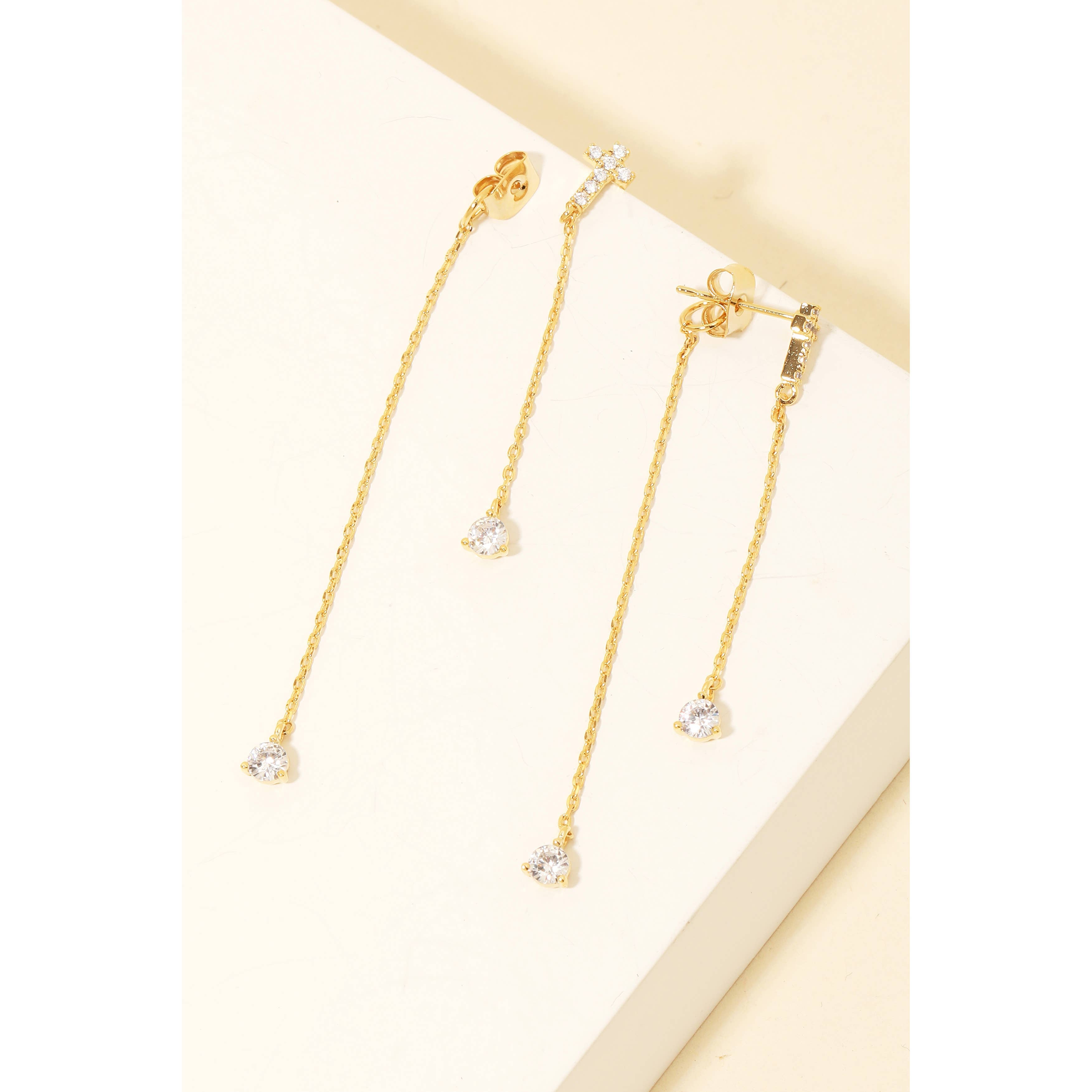 Pave Cross Charm Chain Dangle Earrings: G