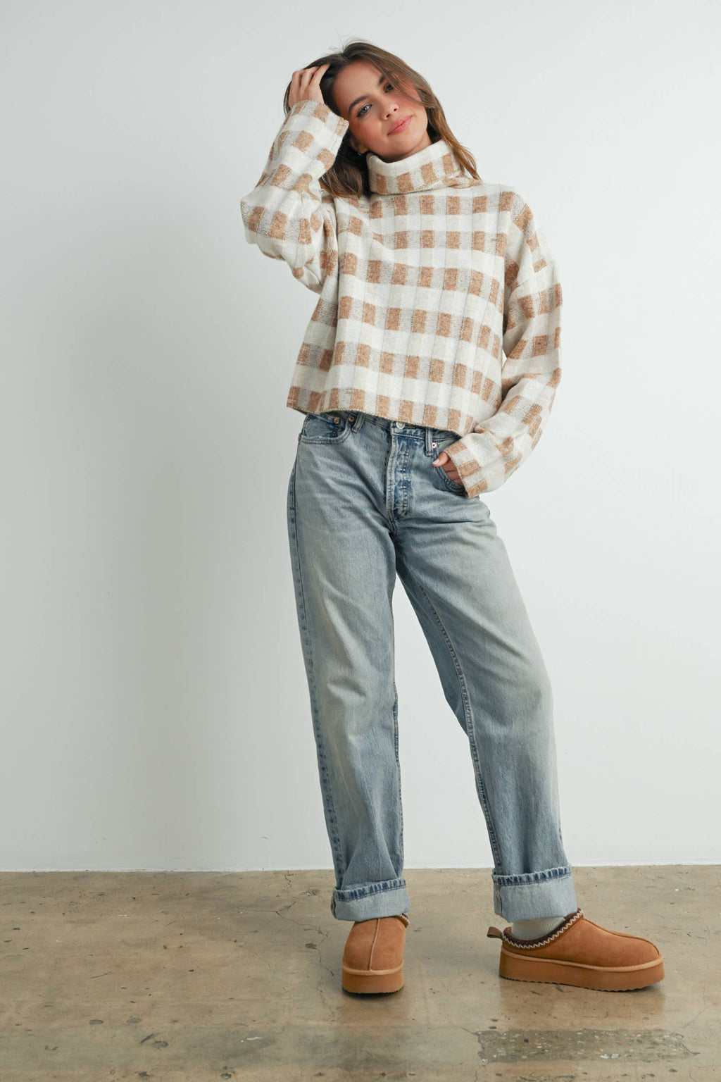 Check Turtleneck Sweater Taupe