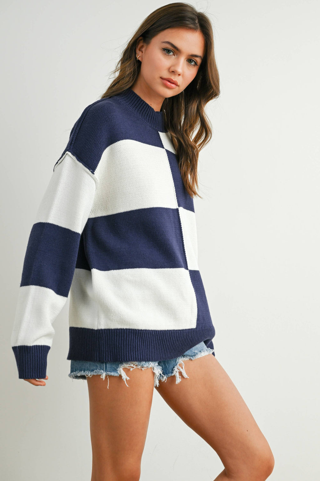 Trendy Checkered Sweater -TAUPE / IVORY