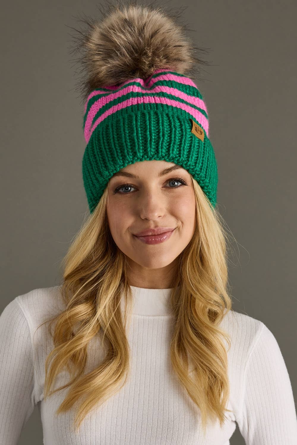 Green & Pink Striped Pom Hat