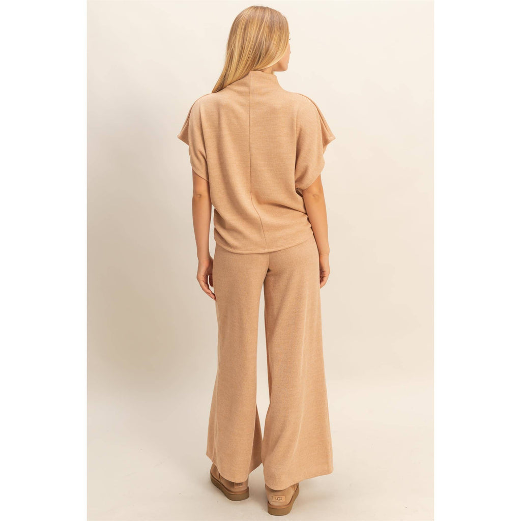 Mock Neck Top And Pants Set: Beige