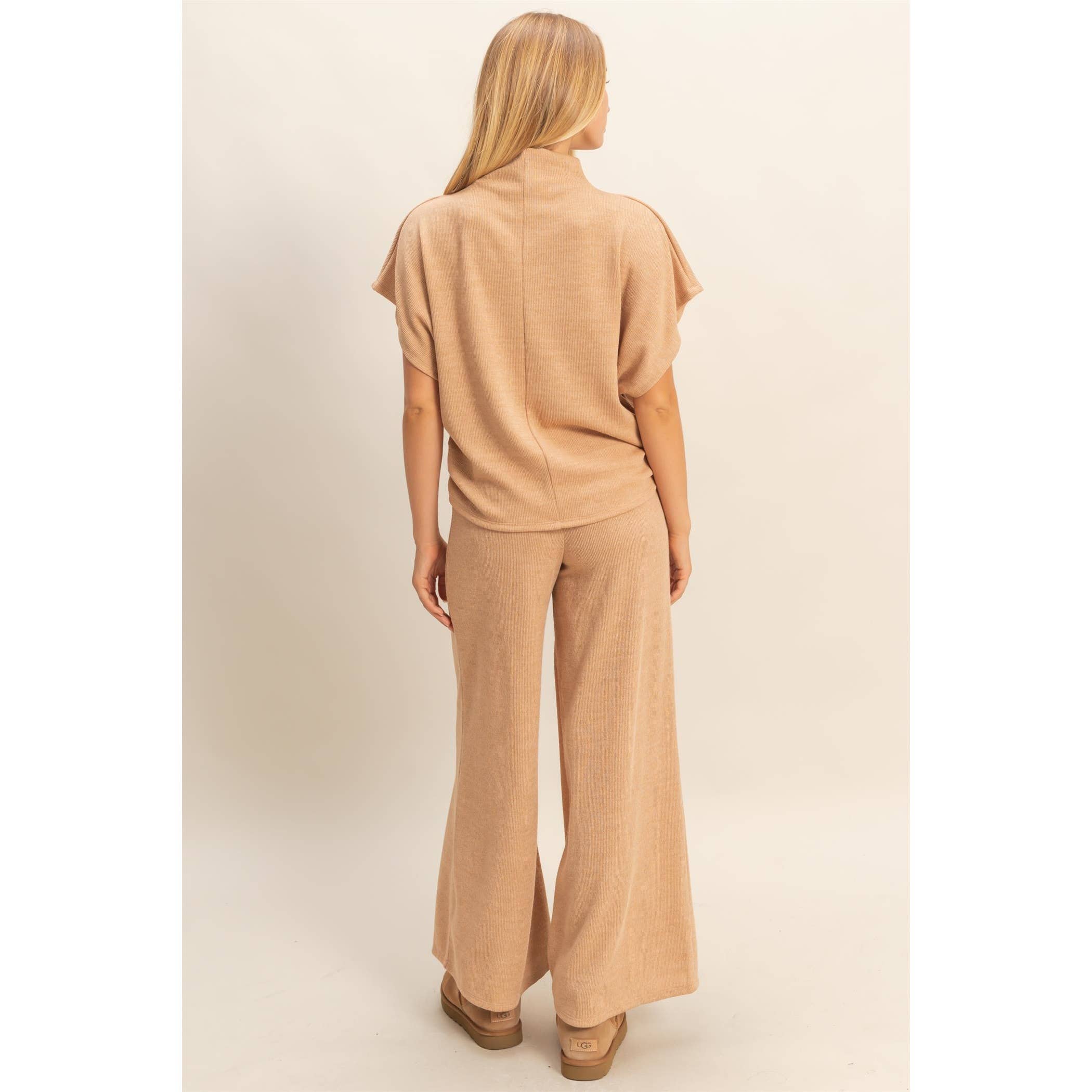 Mock Neck Top And Pants Set: Beige