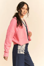SOLID LONG SLEEVE LOOSE FIT POCKETS CARDIGAN: BUBBLE PINK, M