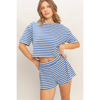 Blue Striped Crew Neck Short Set