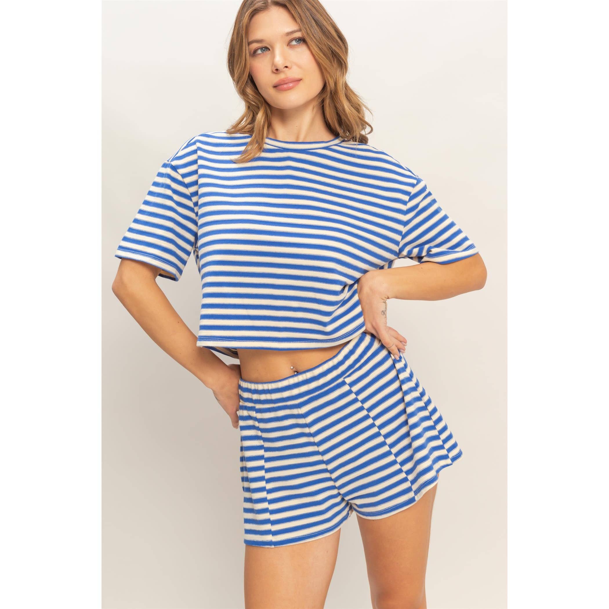 Blue Striped Crew Neck Short Set