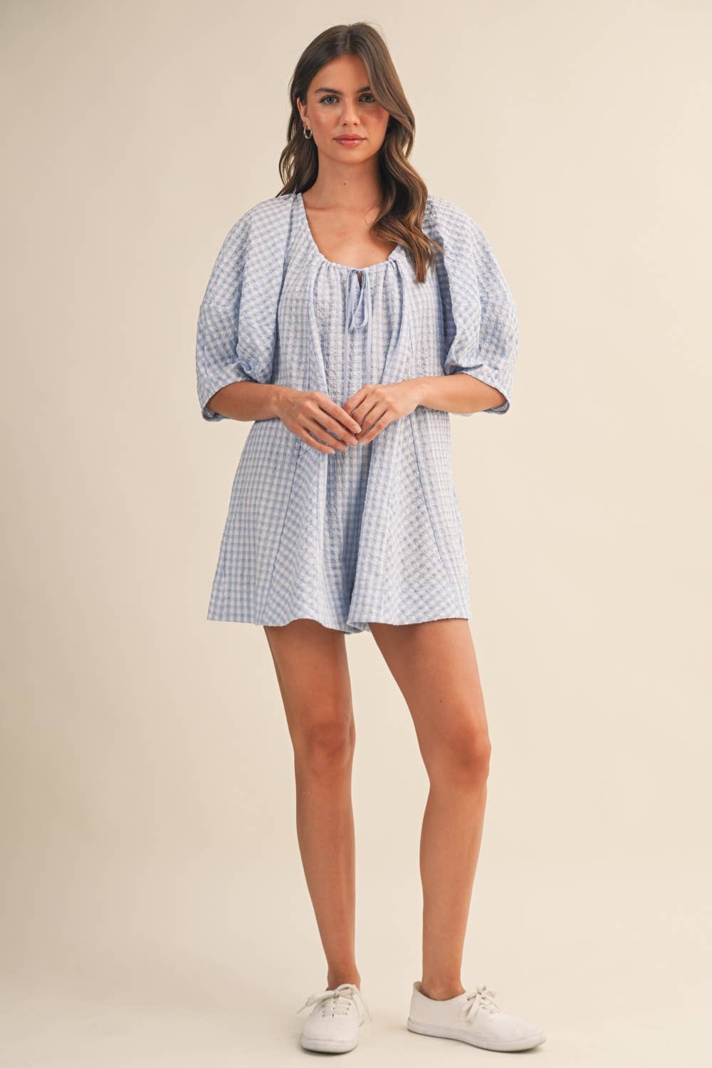 GINGHAM ROMPER: BABY BLUE