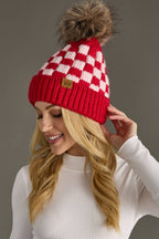 Red & Pink Checkered Pom Hat