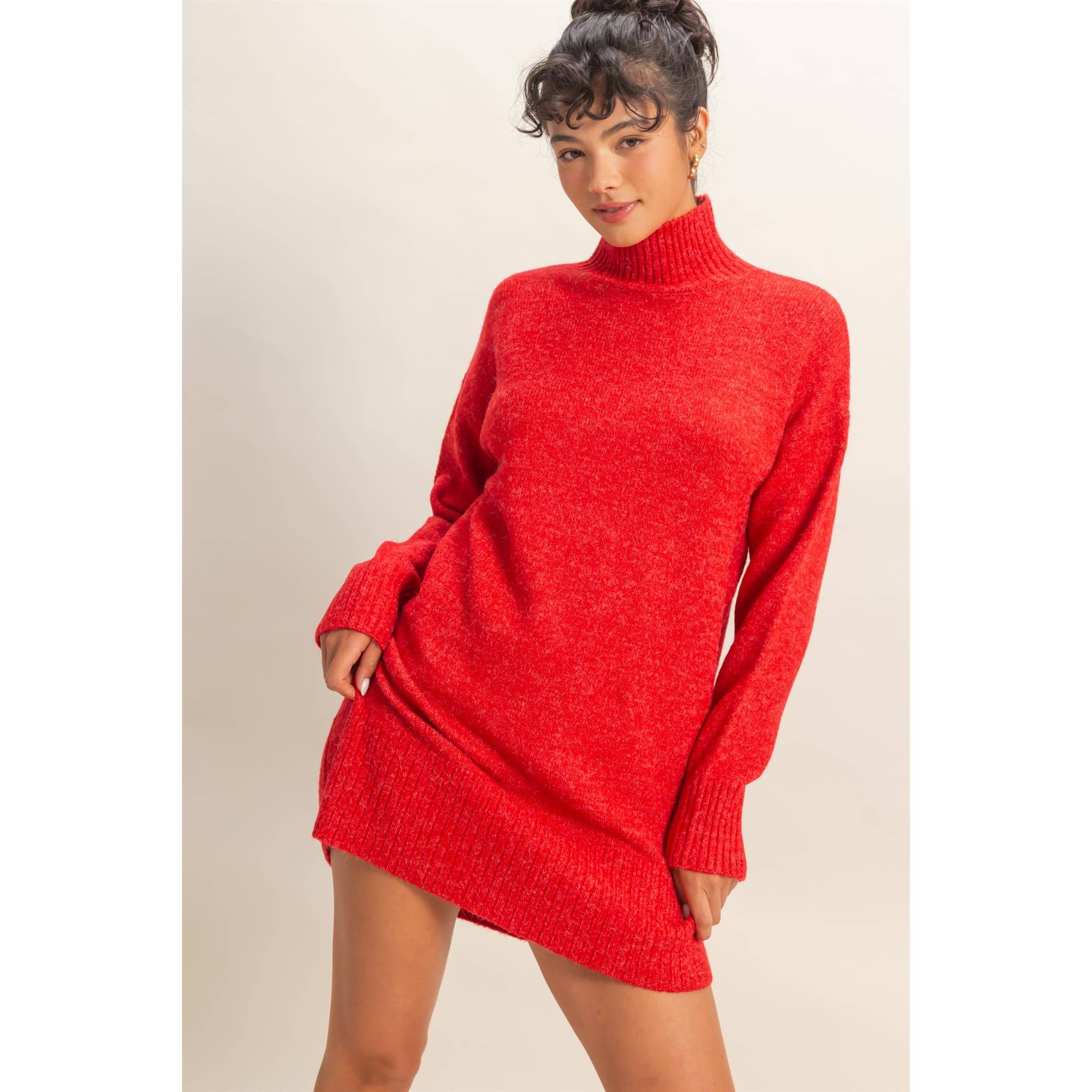 High Neck Sweater Mini Dress: Red