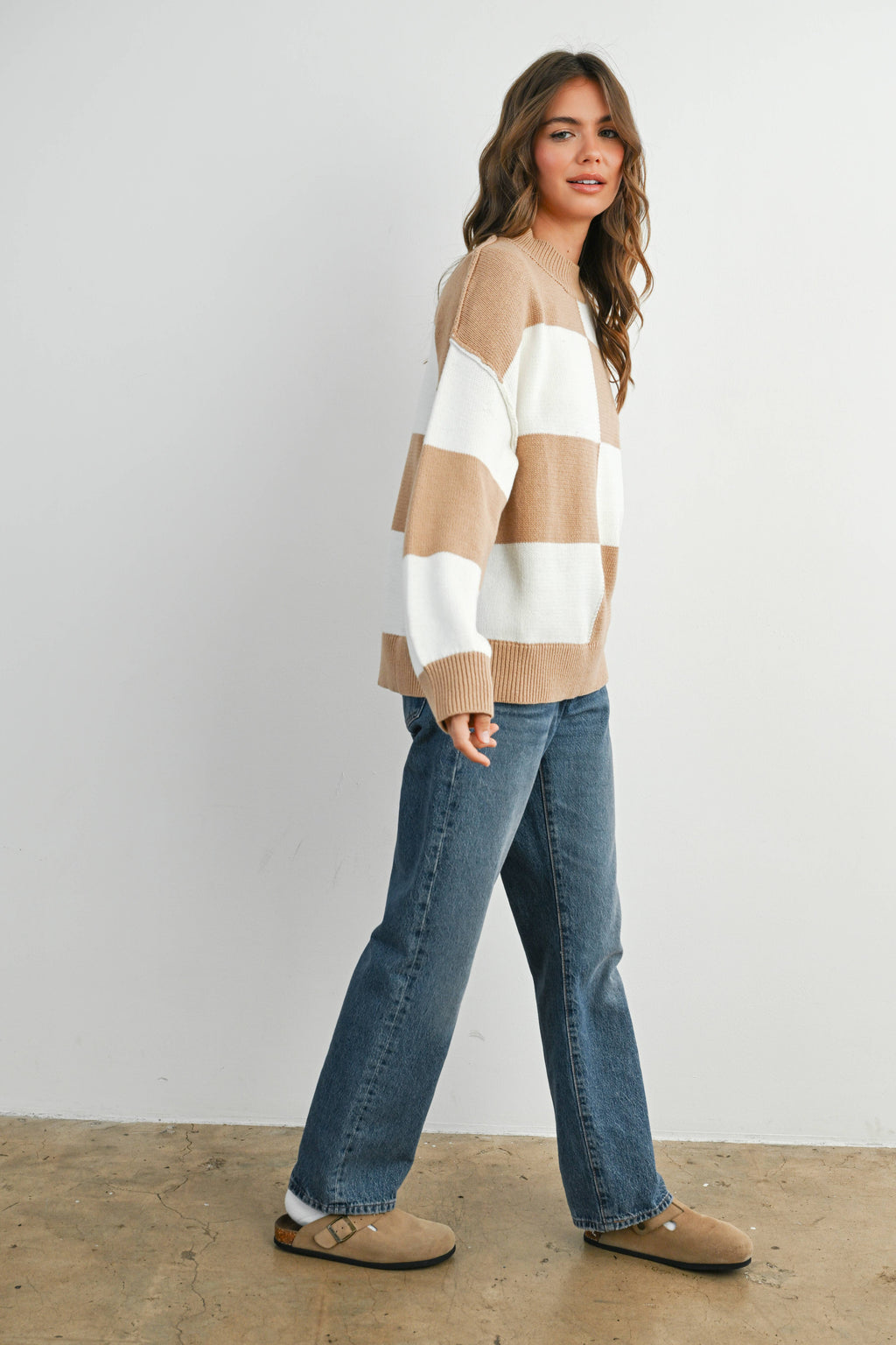 Trendy Checkered Sweater -TAUPE / IVORY