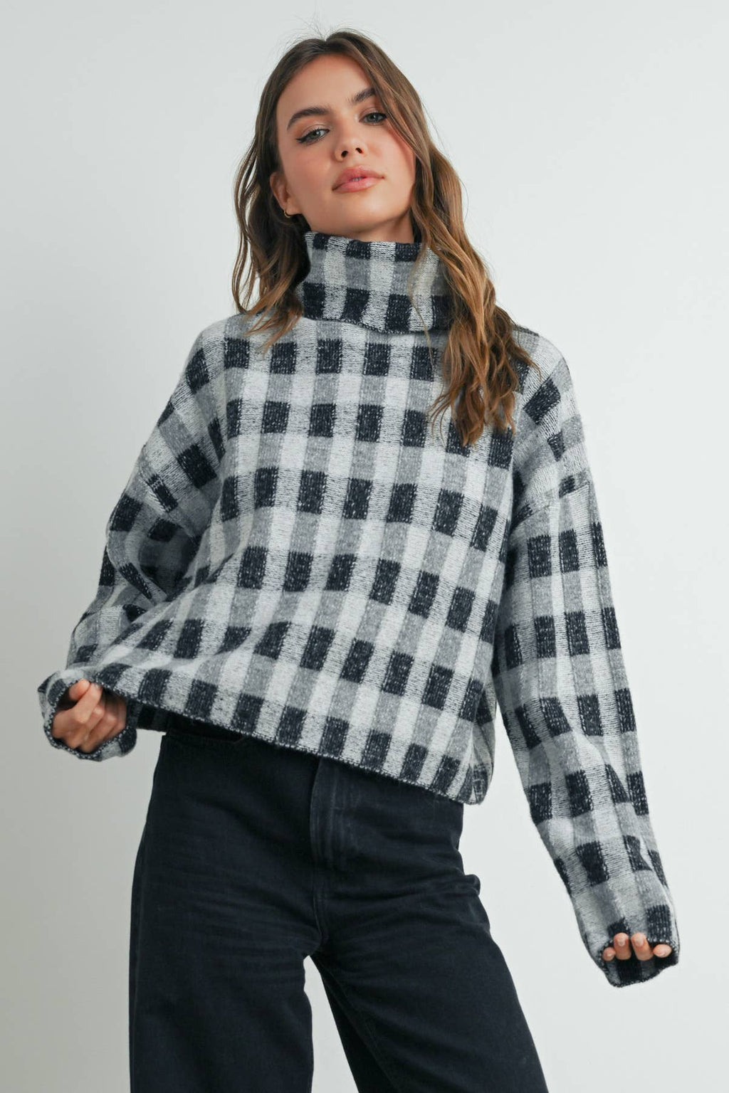 Check Turtleneck Sweater Taupe