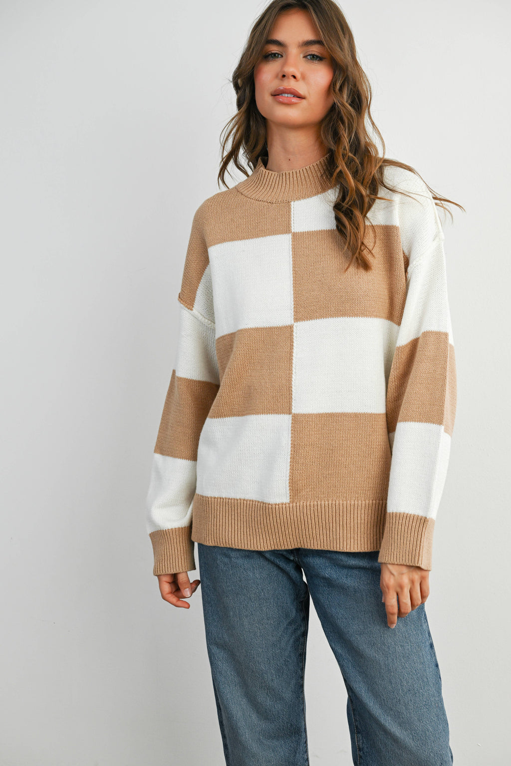 Trendy Checkered Sweater -TAUPE / IVORY