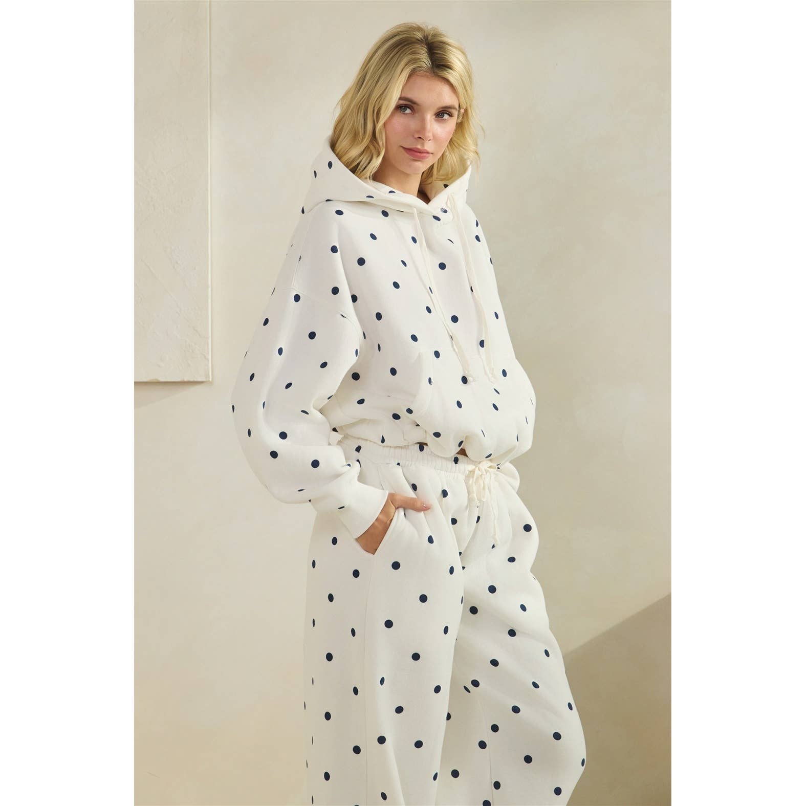 Polka Dot Bubble Hem Knit Hoodie