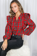 Lace Trim Ruffle Plaid Blouse