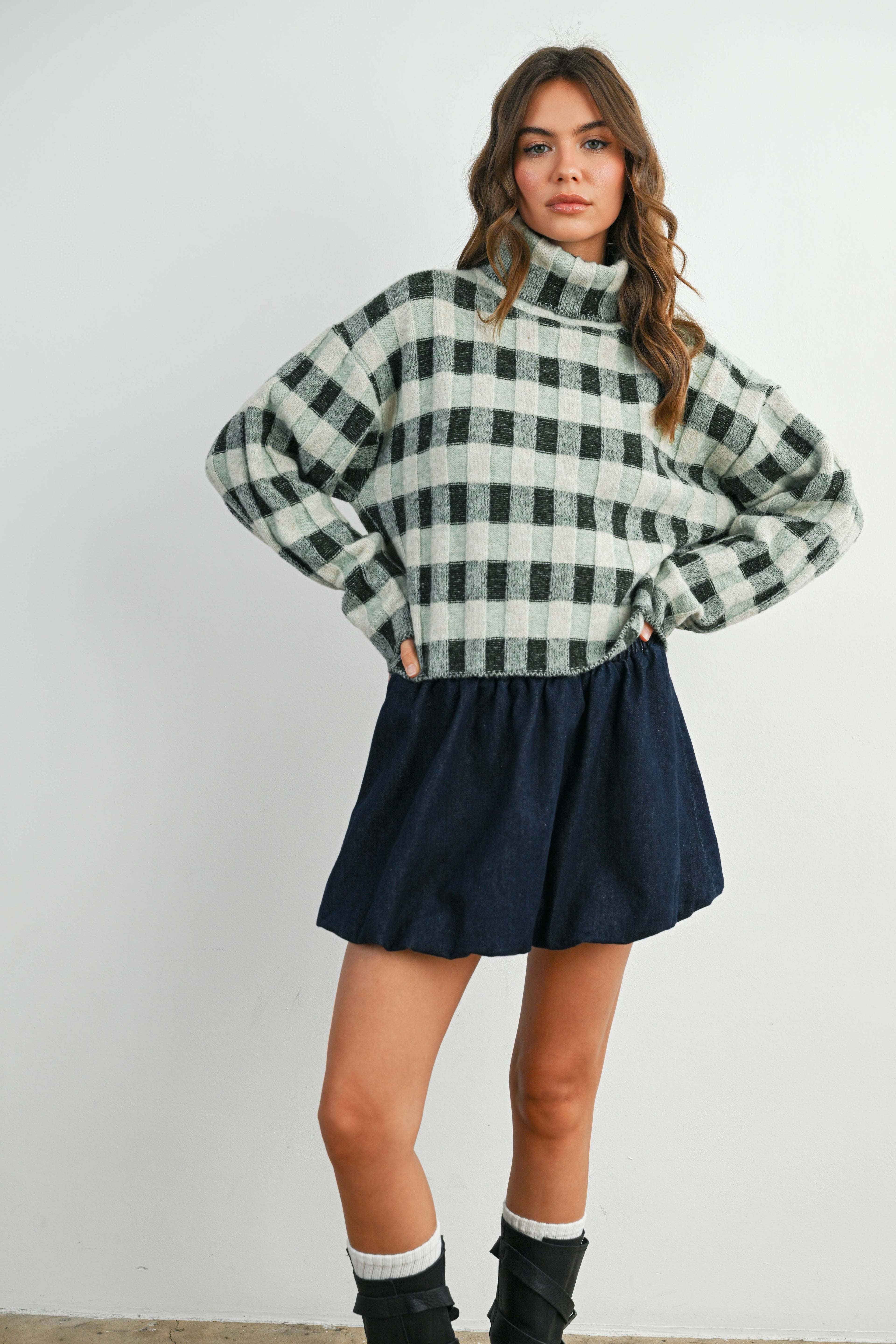 Check Turtleneck Sweater Taupe