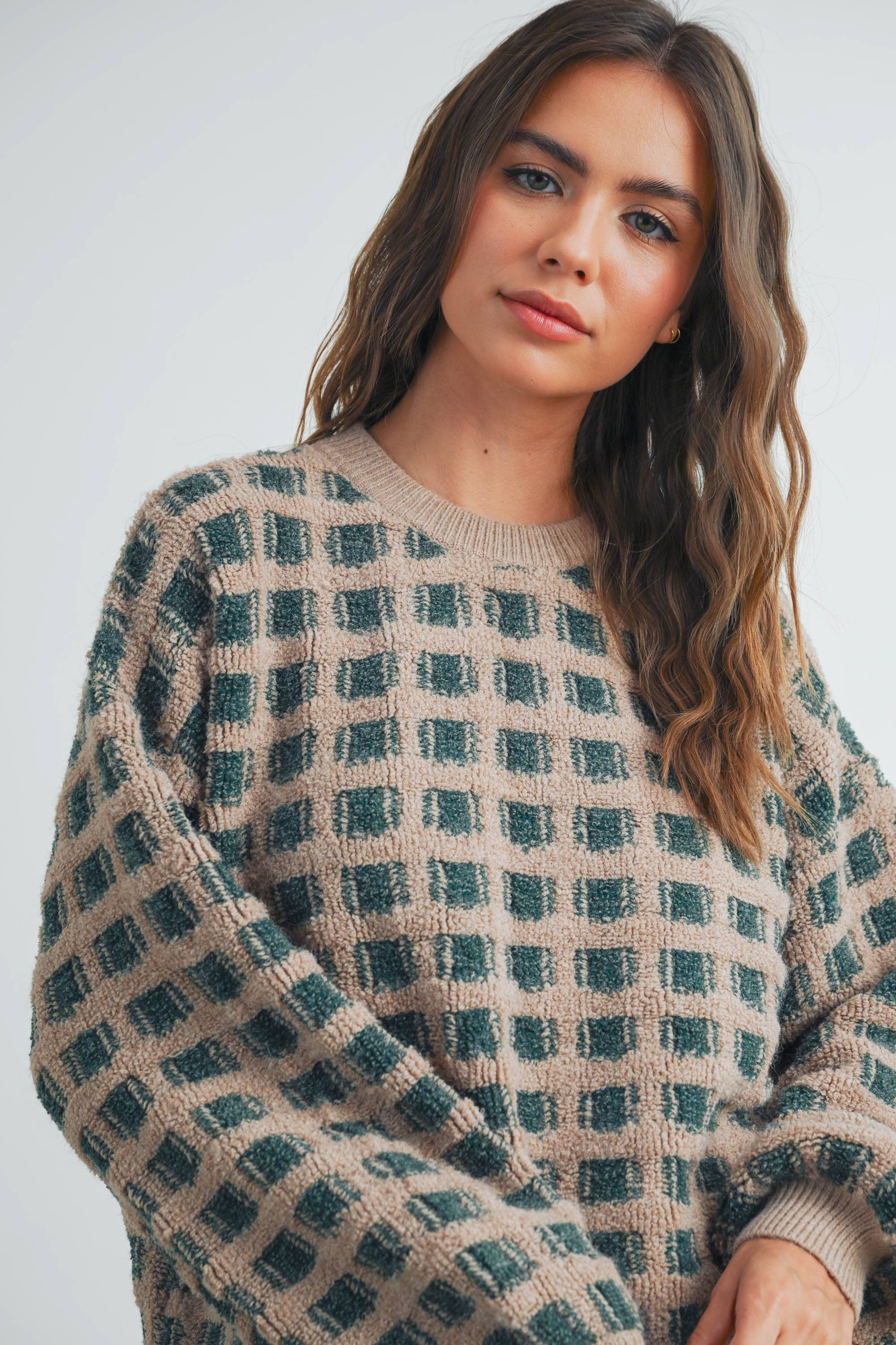Checkered Oversized Sweater TAUPE / OLIVE