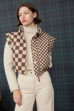 CHECKERED CROPPED PUFFER VEST: KHAKI