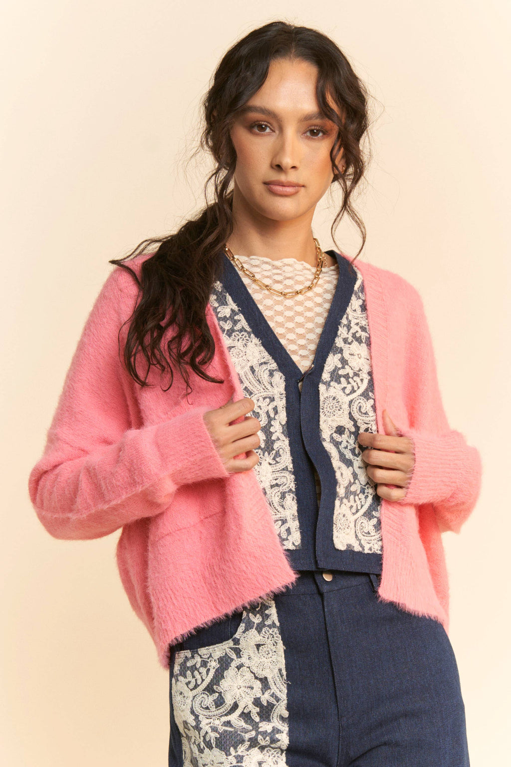 SOLID LONG SLEEVE LOOSE FIT POCKETS CARDIGAN: BUBBLE PINK, M