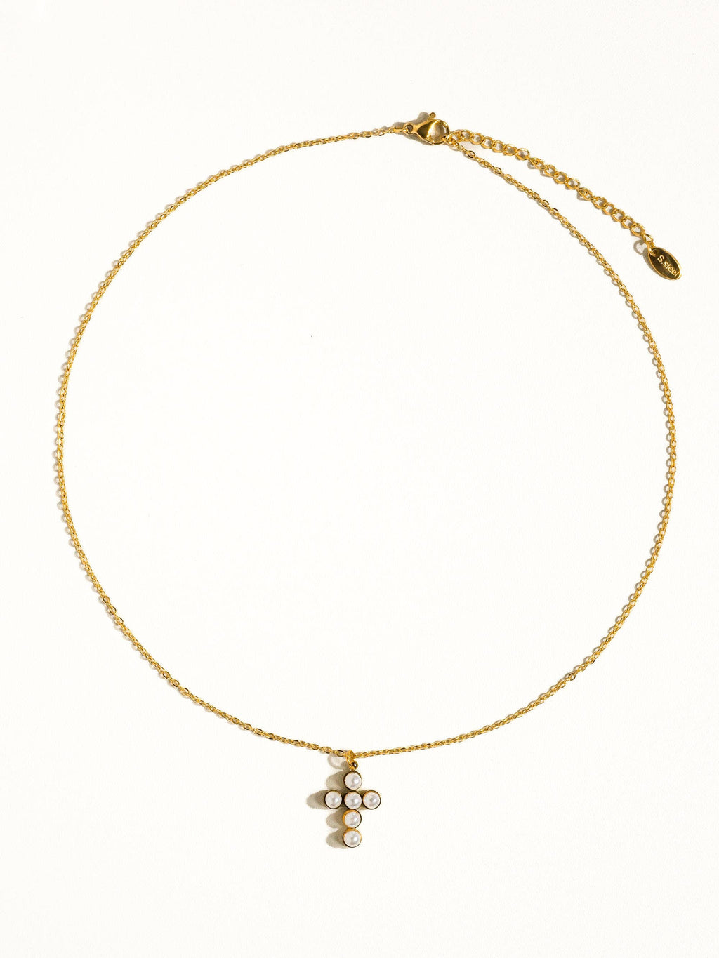 Faith Non-Tarnish Dainty Pearl Cross Necklace: Yellow Gold