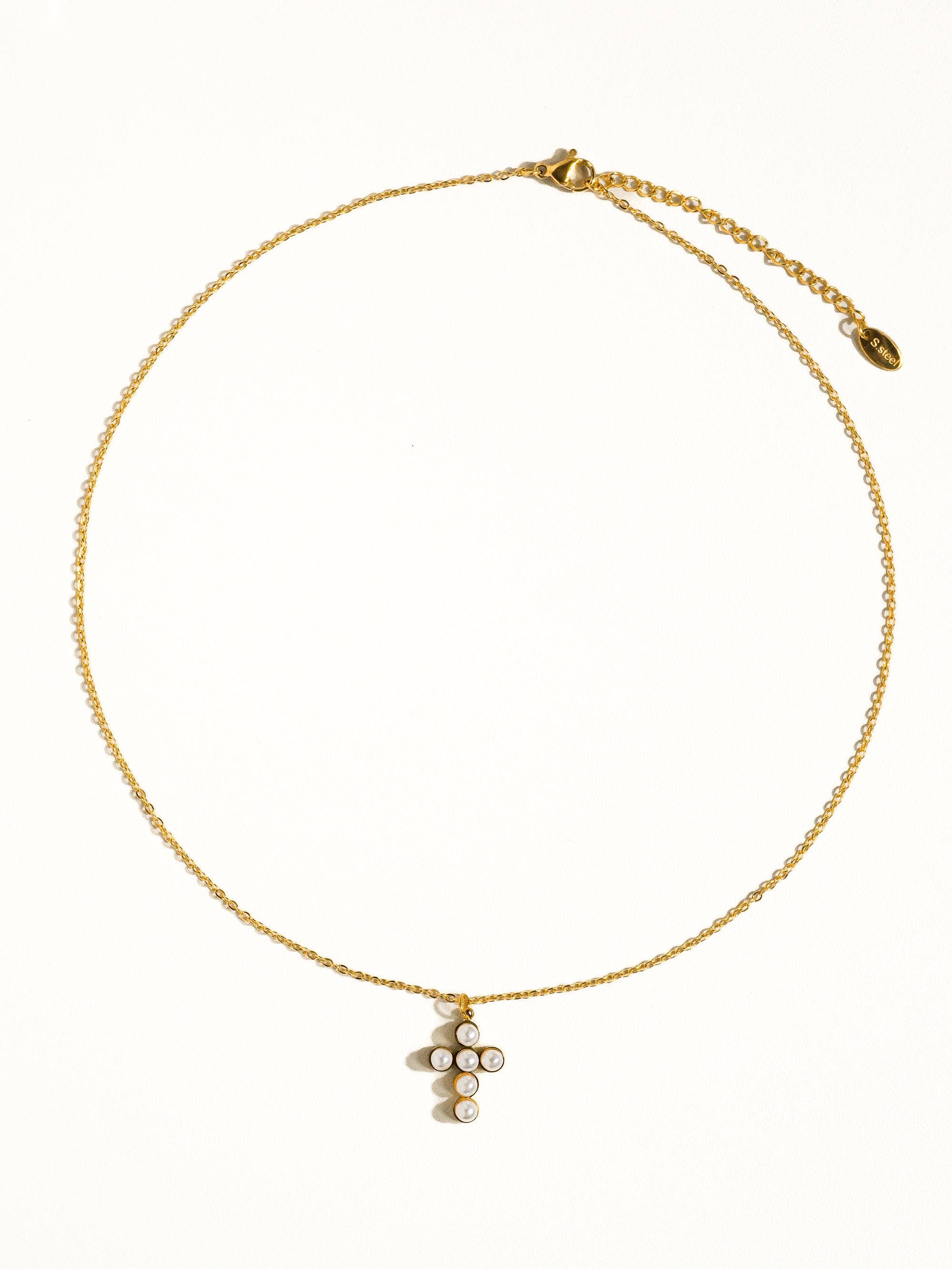 Faith Non-Tarnish Dainty Pearl Cross Necklace: Yellow Gold