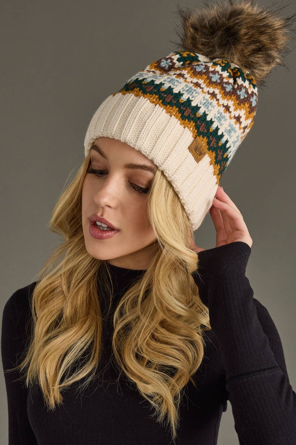 Cream & Multi Patterned Pom Hat